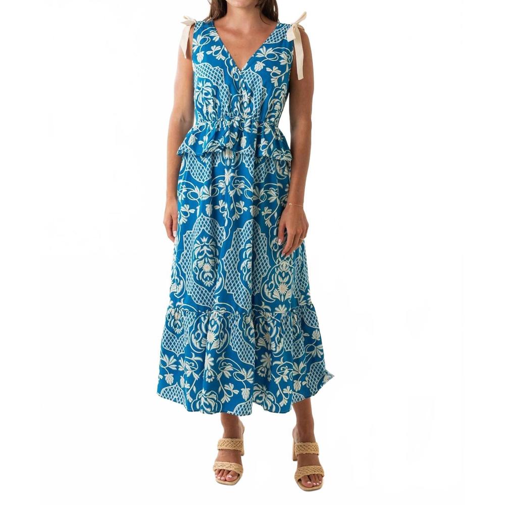 NEW MOON RIVER ruffle waist tie strap midi dress in blue multi